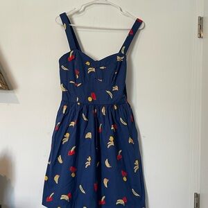 Modcloth banana print sunDress in Navy with Colorful Accents small